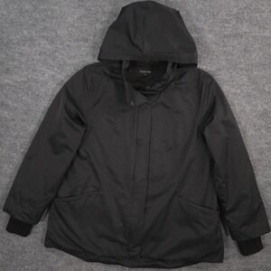 Eileen Fisher Jacket Womens L Black Organic Cotton Nylon Stowaway Hood Lined